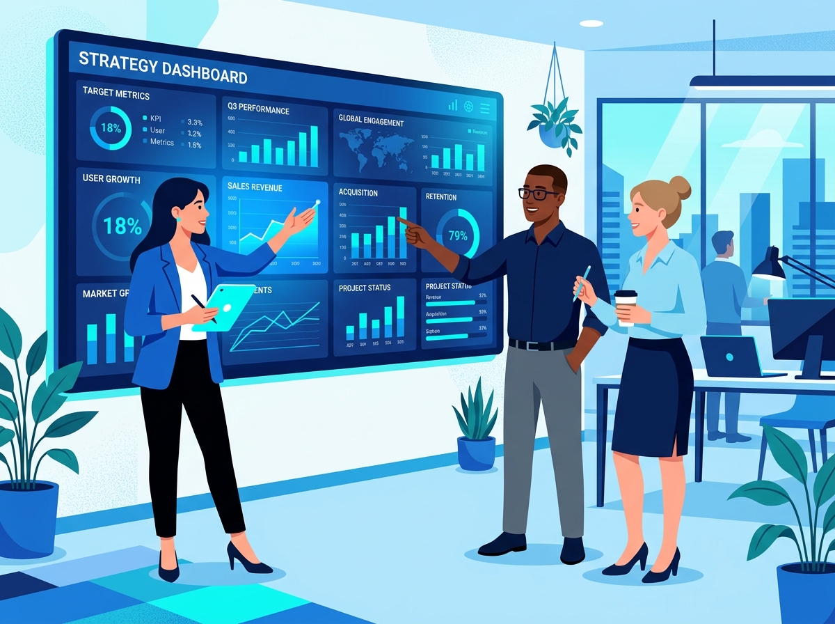Business colleagues discussing dashboard strategy illustration