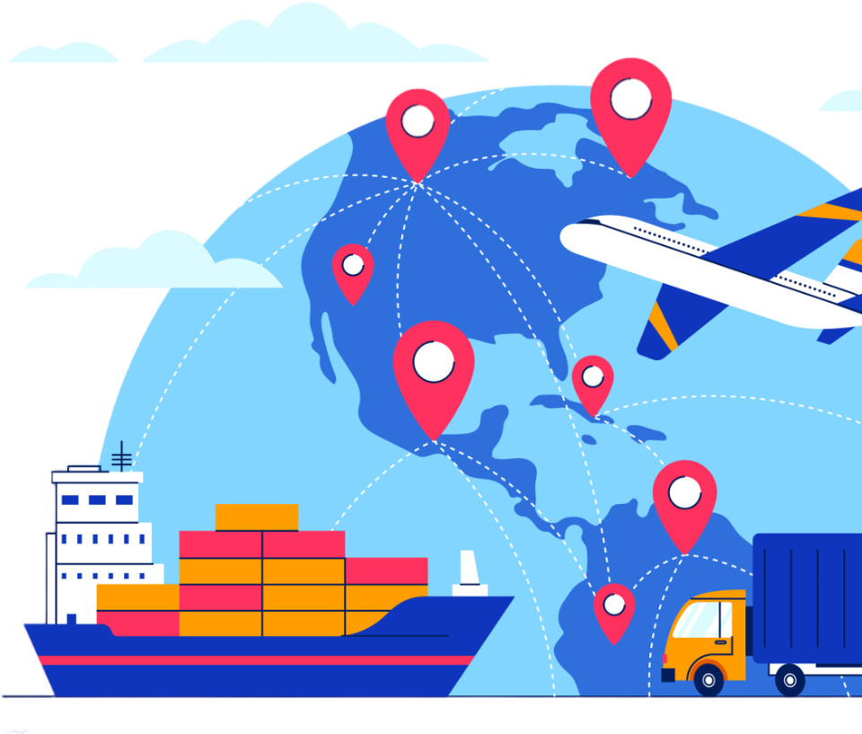Global logistics network illustration representing world map trade routes
